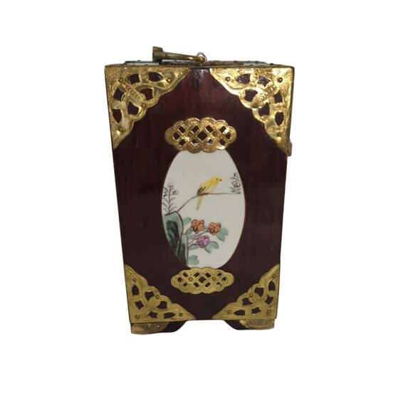 Vintage Chinese Jewelry Box Cabinet Hand Painted Panels Brass Trim - Picture 6 of 10